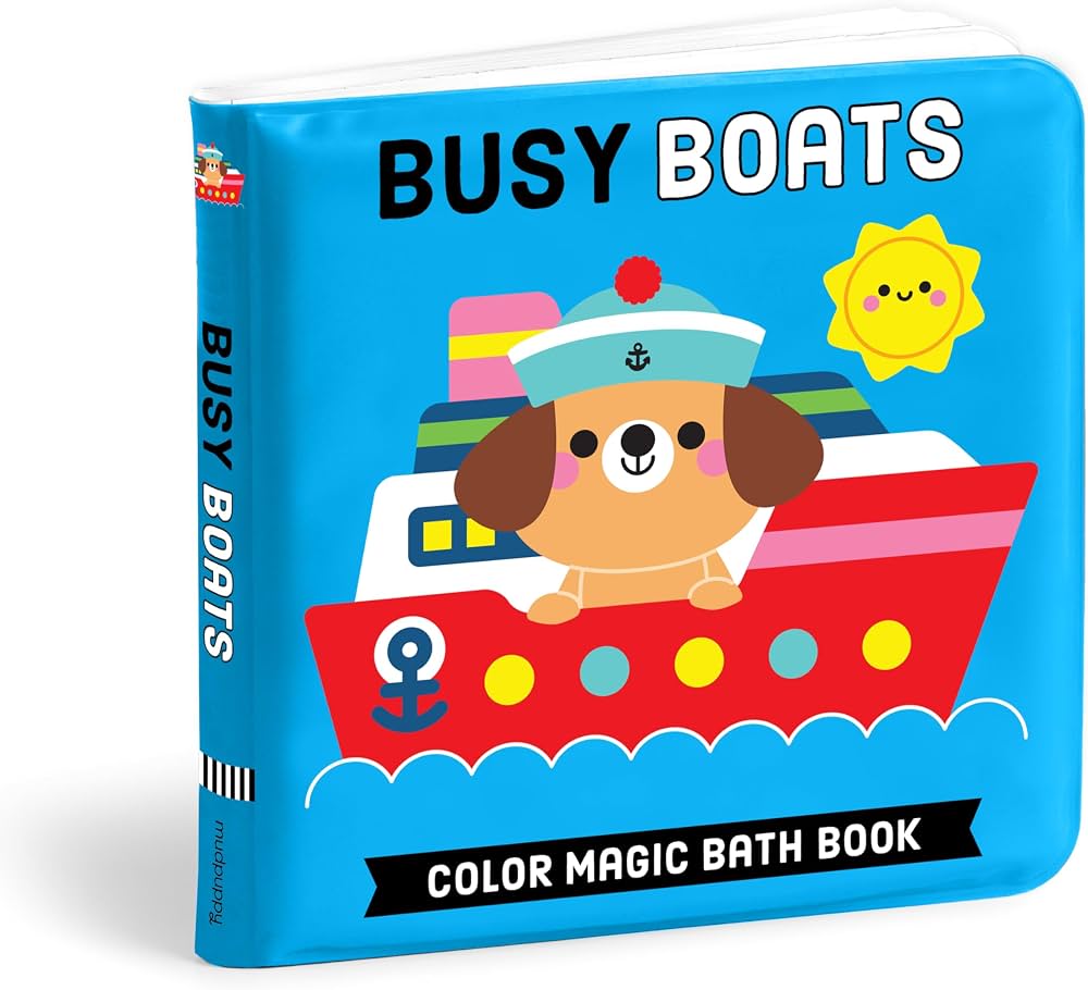 Busy Boats Color Magic Bath Book by The Little Bee, featuring a bright blue cover with a cartoon dog in a red boat and colorful illustrations.
