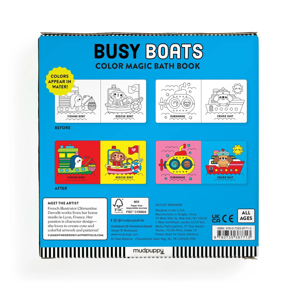 Color magic bath book titled 'Busy Boats' by Mudpuppy on a white background