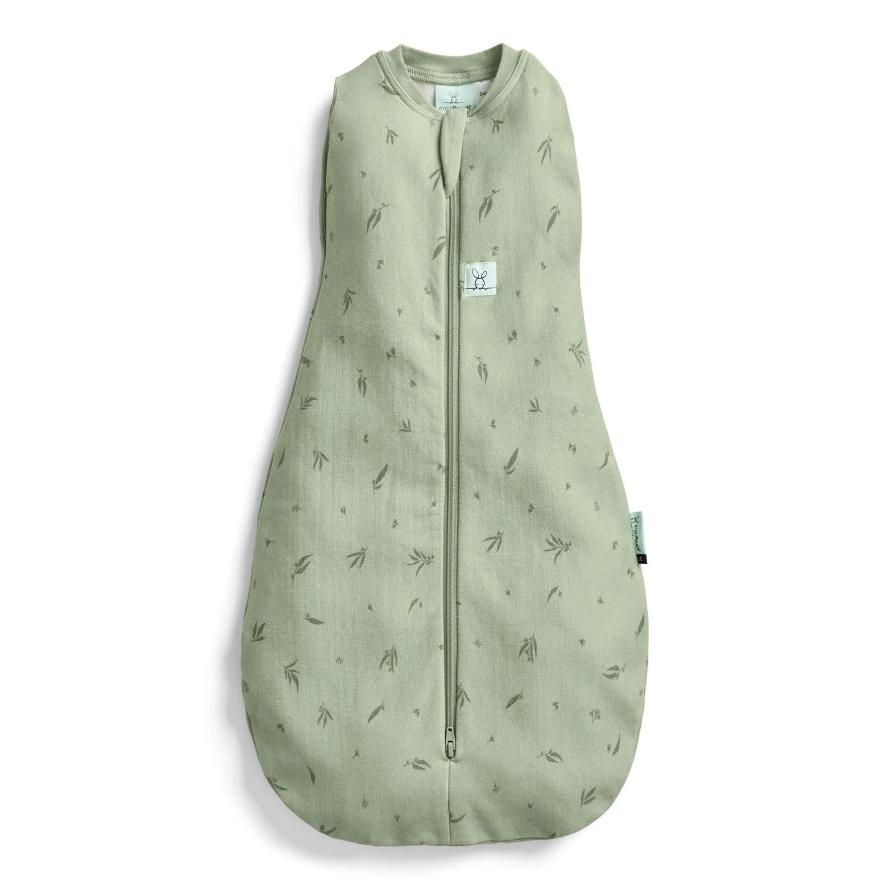 A sage green baby sleep sack with a subtle all-over leaf print, featuring a front zipper closure and a small white brand label on the chest.