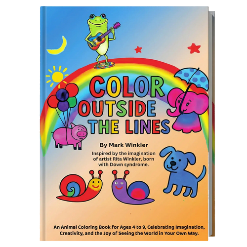 Front cover of the children's coloring book 'Color Outside the Lines' by Mark Winkler, featuring a bright cartoon rainbow with a frog playing guitar, balloons, an elephant under an umbrella, a pink pig, and a blue dog on a warm gradient background.
