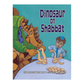 Children's book cover titled 'Dinosaur on Shabbat' showing a cartoon dinosaur and a boy making challah on a table against a teal background.
