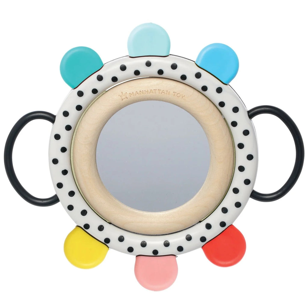 Colorful baby teething toy with a mirror on a white background