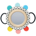 Colorful baby teething toy with a mirror on a white background