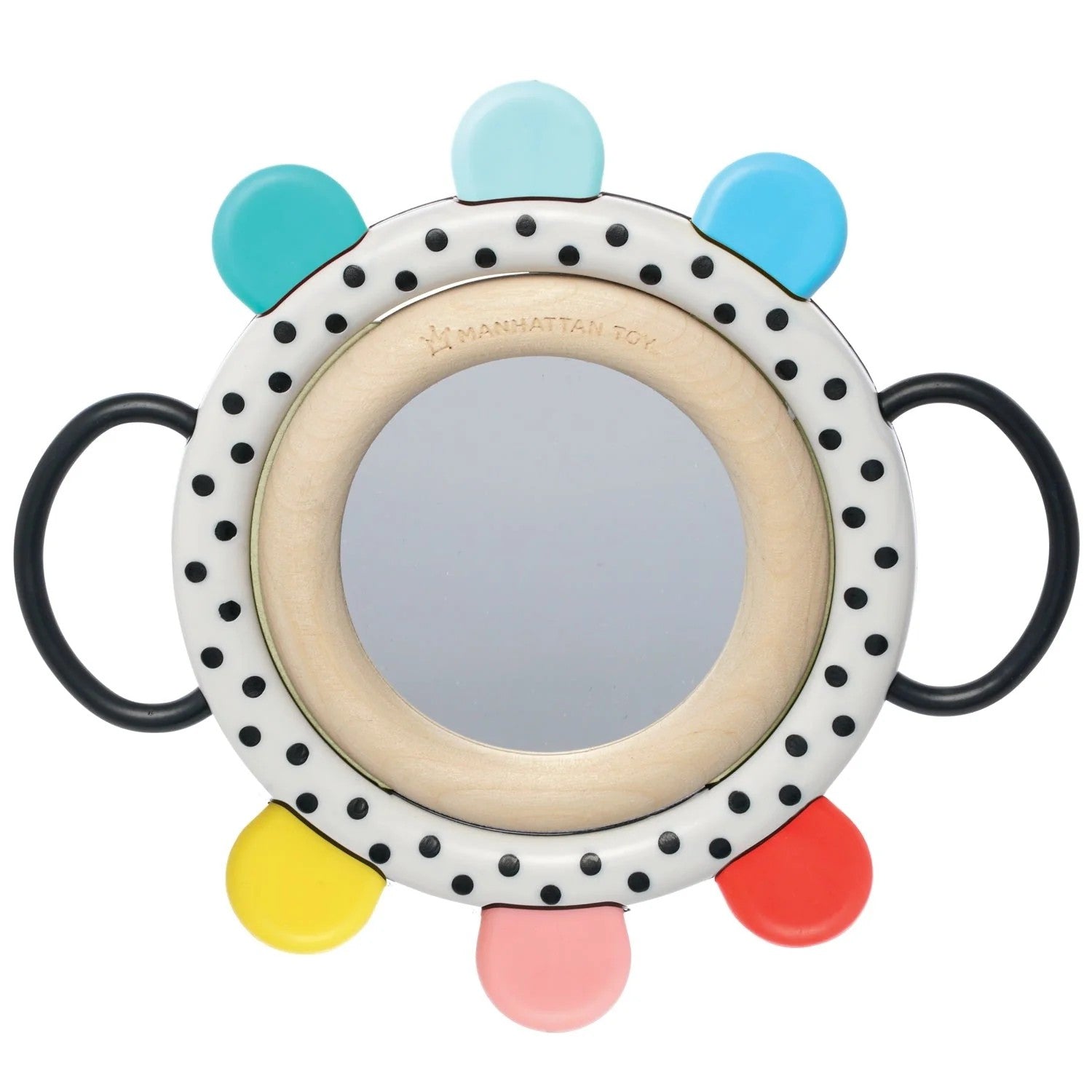 Colorful baby teething toy with a mirror on a white background
