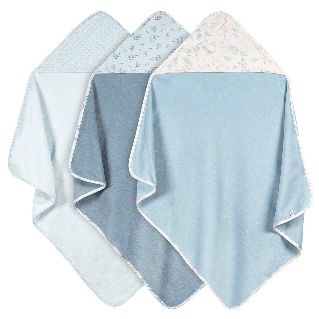 Set of three light blue baby blankets with floral patterns on a white background