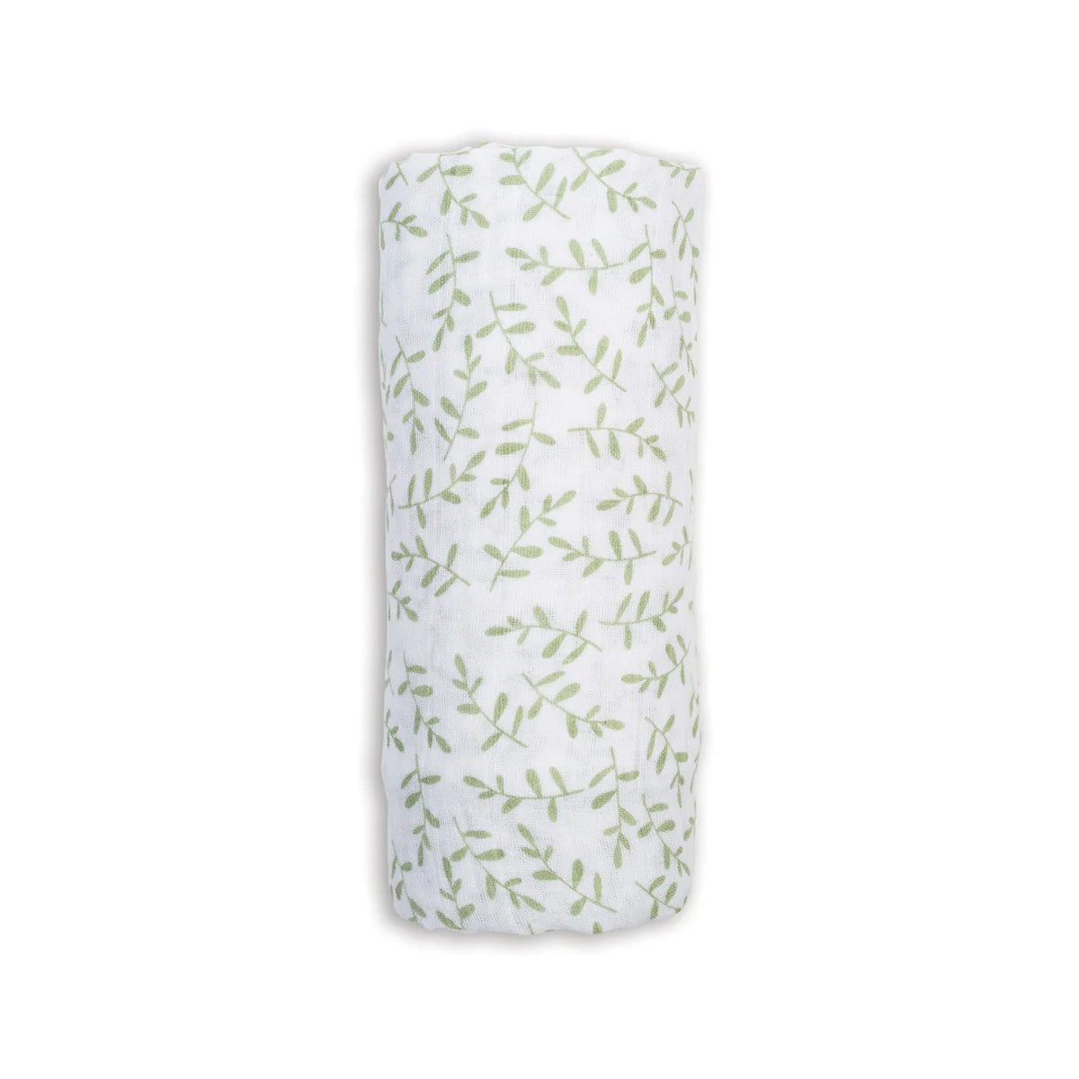 White swaddle blanket with green leaf pattern on a white background