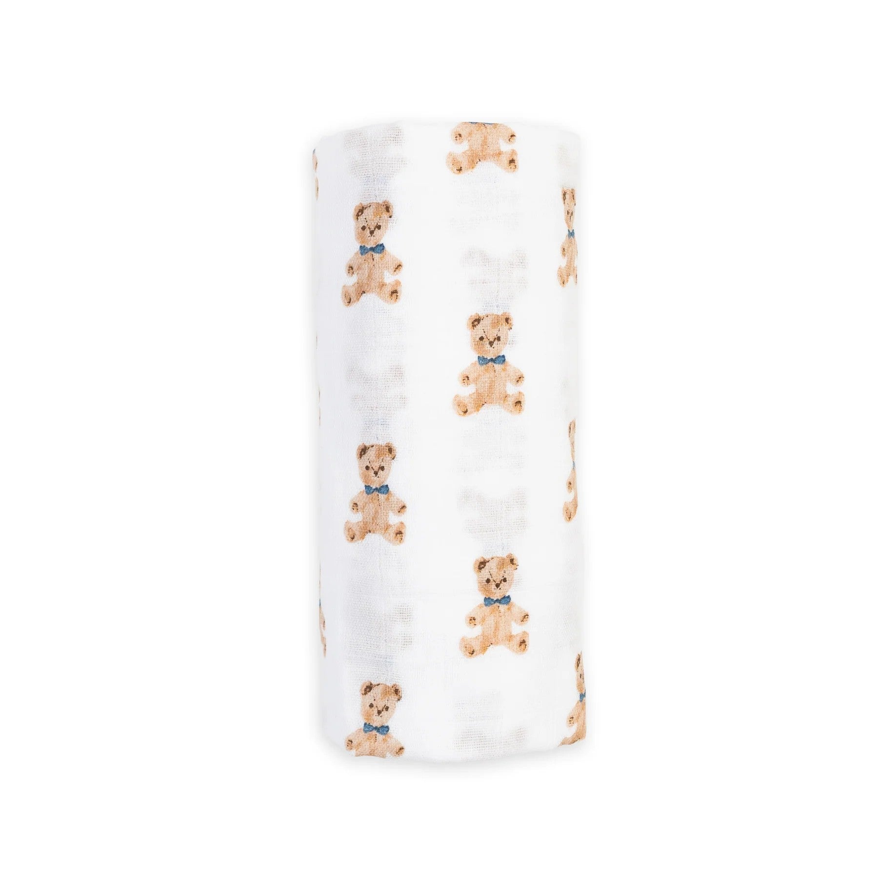 White blanket with teddy bear pattern on a white background