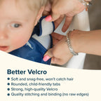 Person adjusting a blue bib with text about better Velcro features.