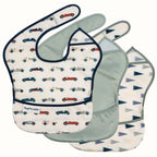 Set of three baby bibs with different patterns on a white background