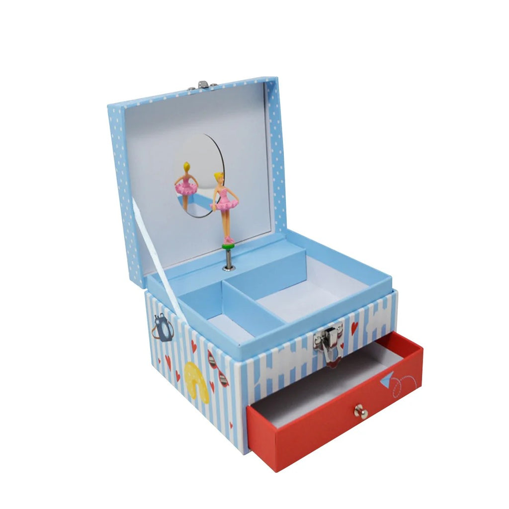 A children's wooden music box jewelry box with a blue and white striped exterior, decorated with small candy illustrations. The top lid is open, showing a light blue interior with a built-in mirror and a small ballerina figurine.