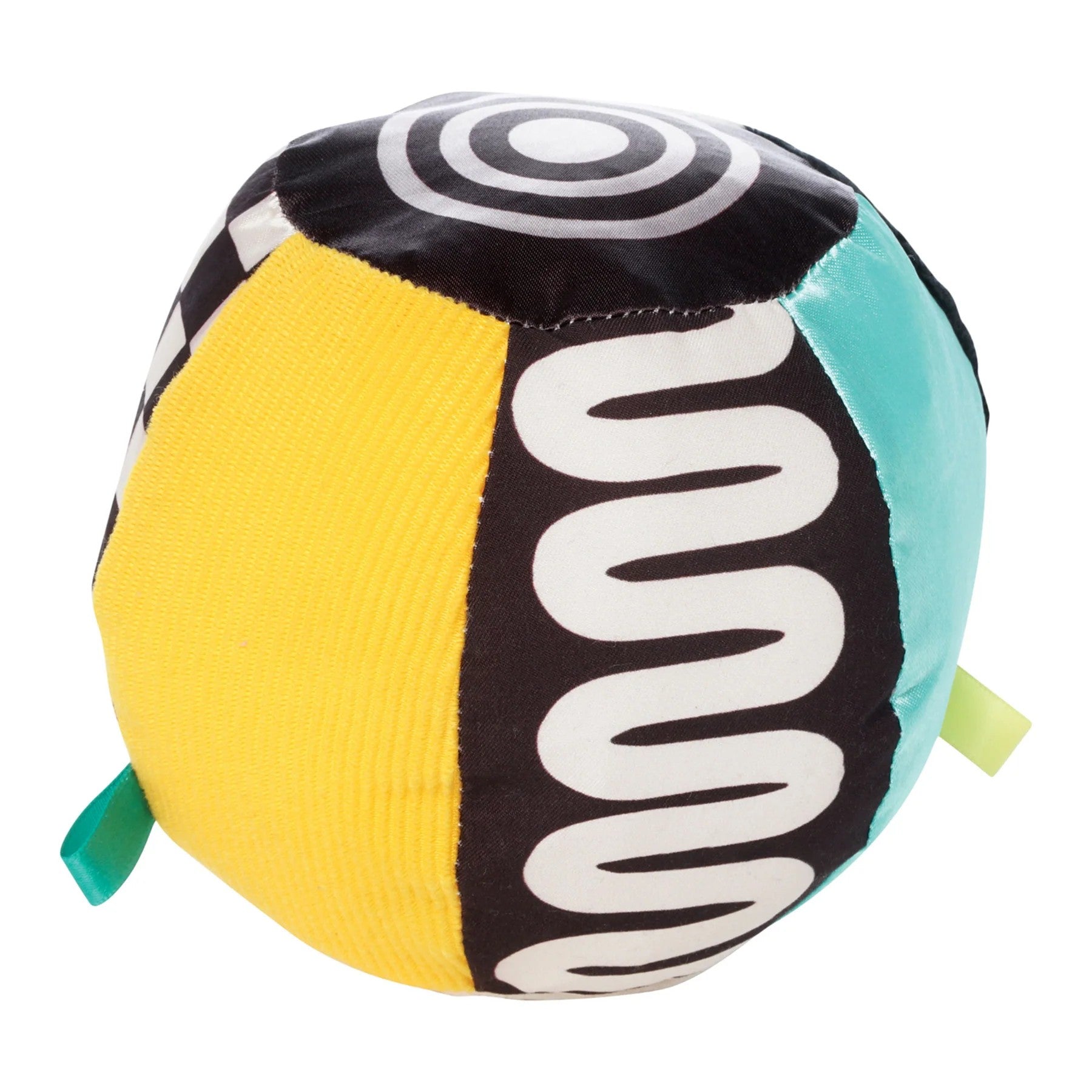 Colorful ball with black, yellow, and green sections on a white background