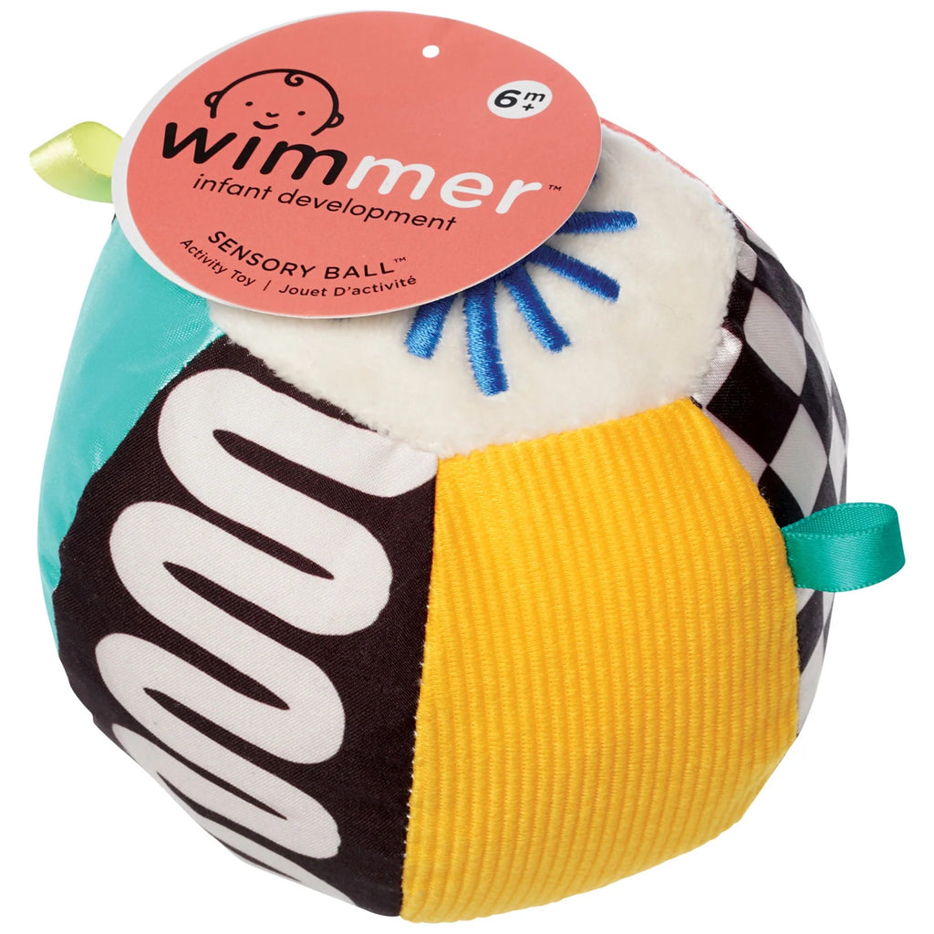 Colorful sensory ball with 'wimmer' label on a white background