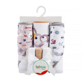 A 3-pack baby blanket towel by Tootsie Baby, featuring three rolled towels with woodland animal and nature prints, 3 small wash cloths, tied with a white ribbon and a circular brand label.