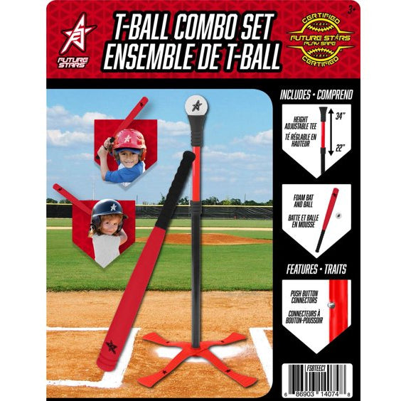 T-Ball Combo Set packaging featuring a red and black tee and two red bats on a baseball field background, with product features and dimensions listed on the right.