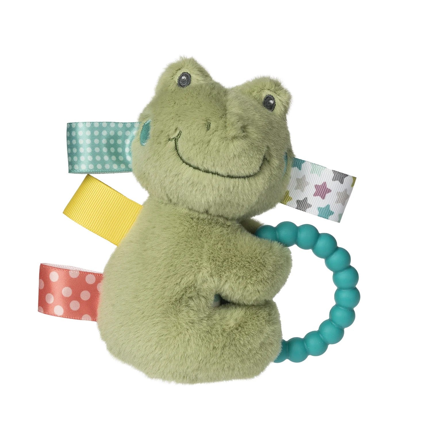 Green plush toy with a teething ring on a white background