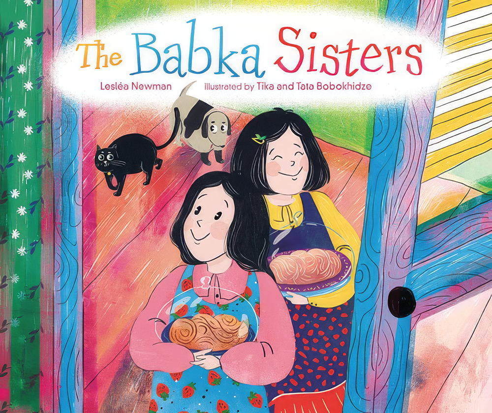 Book cover of 'The Babka Sisters' with two girls holding food, a cat, and a dog.