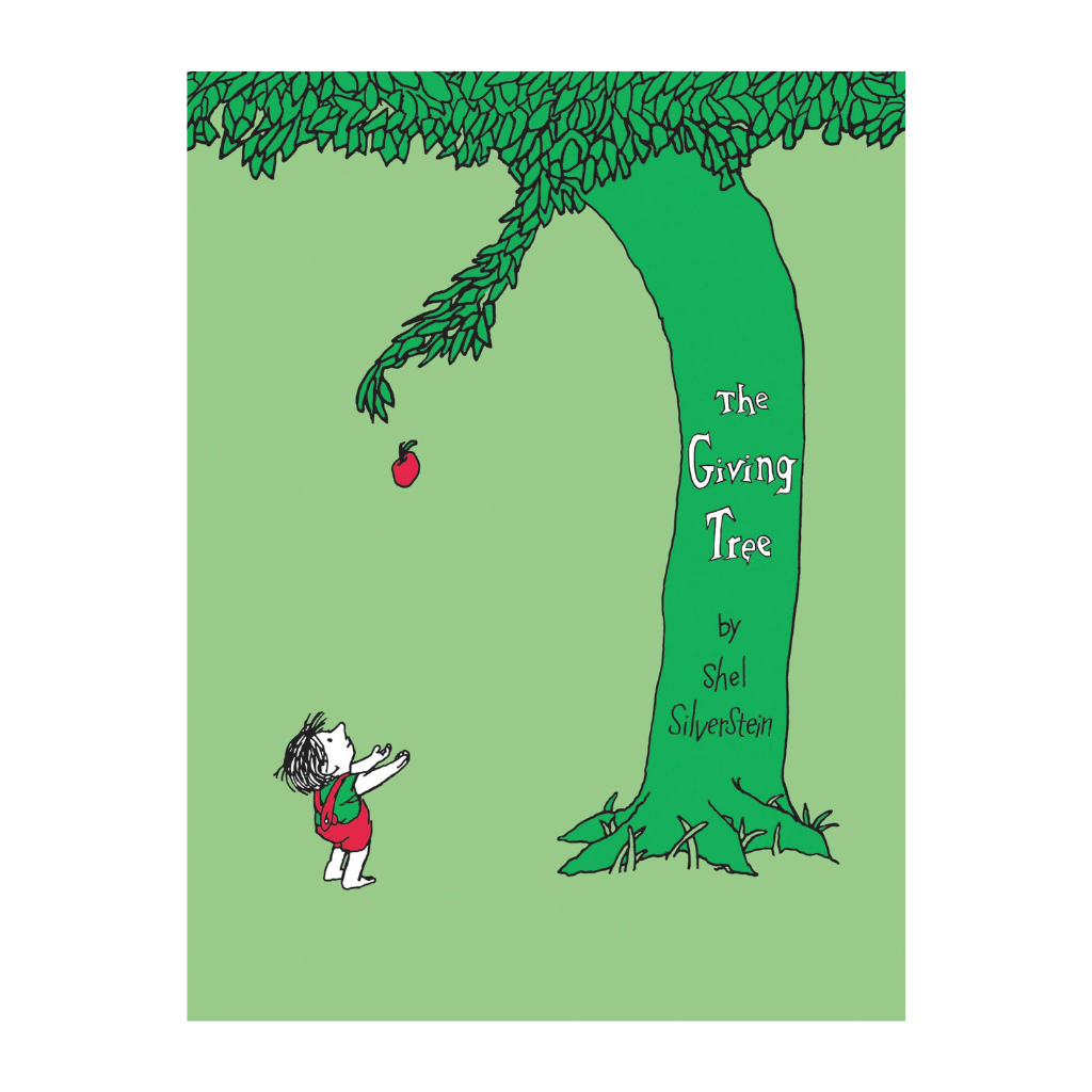 Children's book cover for 'The Giving Tree' by Shel Silverstein, featuring a large green tree with a red apple and a small child reaching up on a light green background.