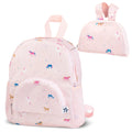 A light pink mini backpack with a colorful unicorn print, shown alongside its matching bunny-ear pouch on a white background.