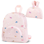 A light pink mini backpack with a colorful unicorn print, shown alongside its matching bunny-ear pouch on a white background.