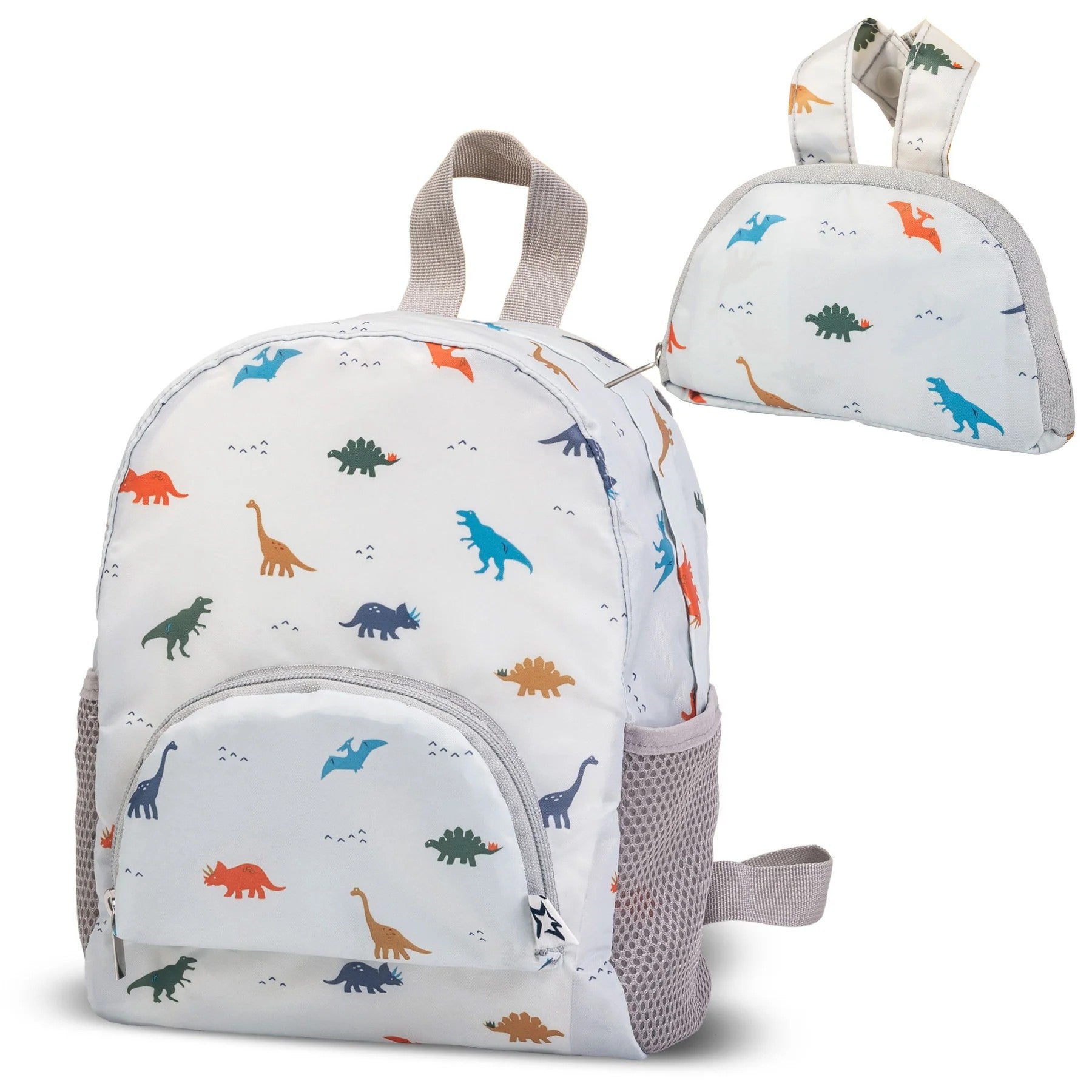 Children's backpack with dinosaur pattern on a white background