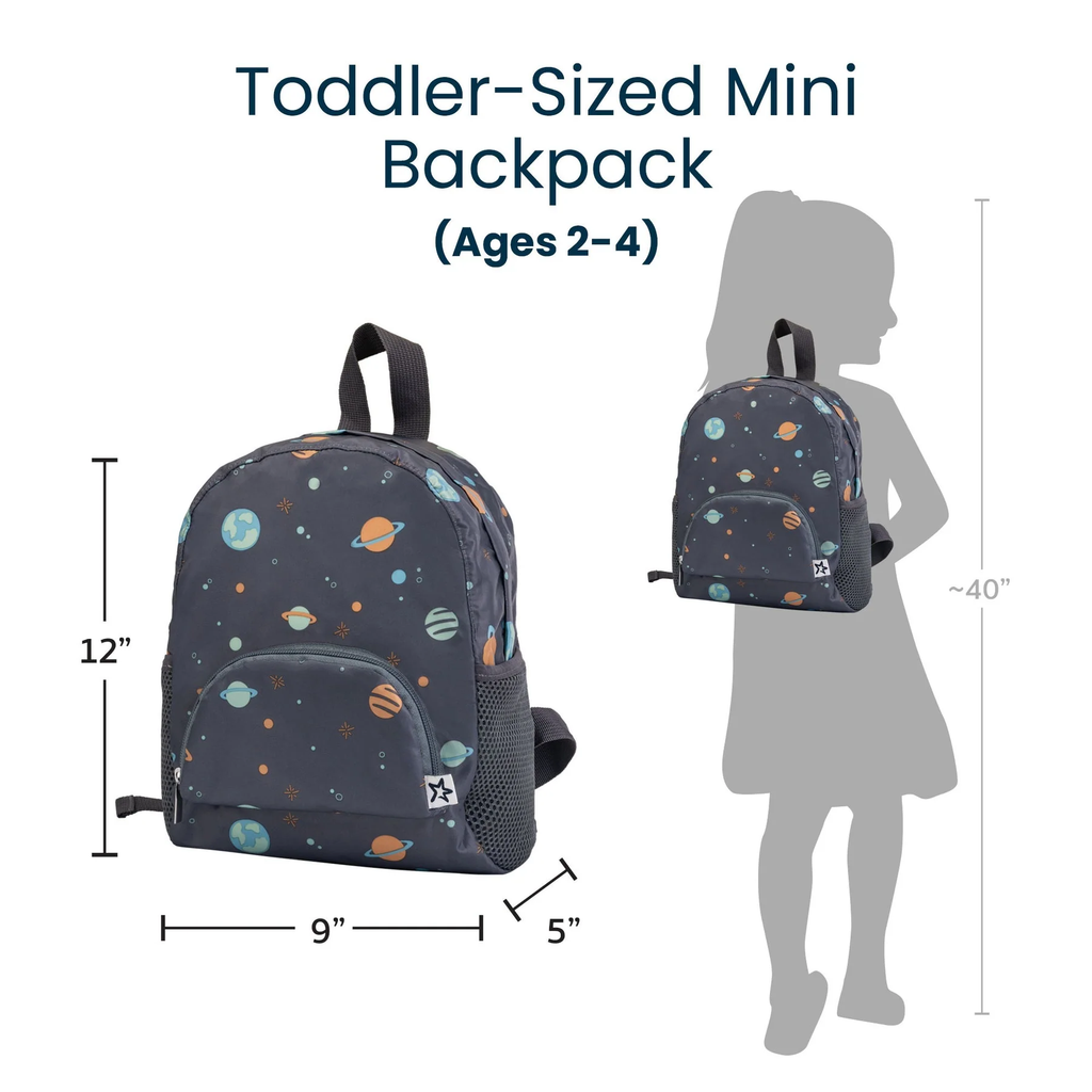 Toddler-sized mini backpack with dimensions and silhouette of a child wearing it on a white background
