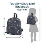 Toddler-sized mini backpack with dimensions and silhouette of a child wearing it on a white background
