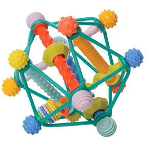 A colorful geometric baby toy with a teal green frame, orange and yellow textured rods, and multicolored spherical and cylindrical elements, isolated on a white background.