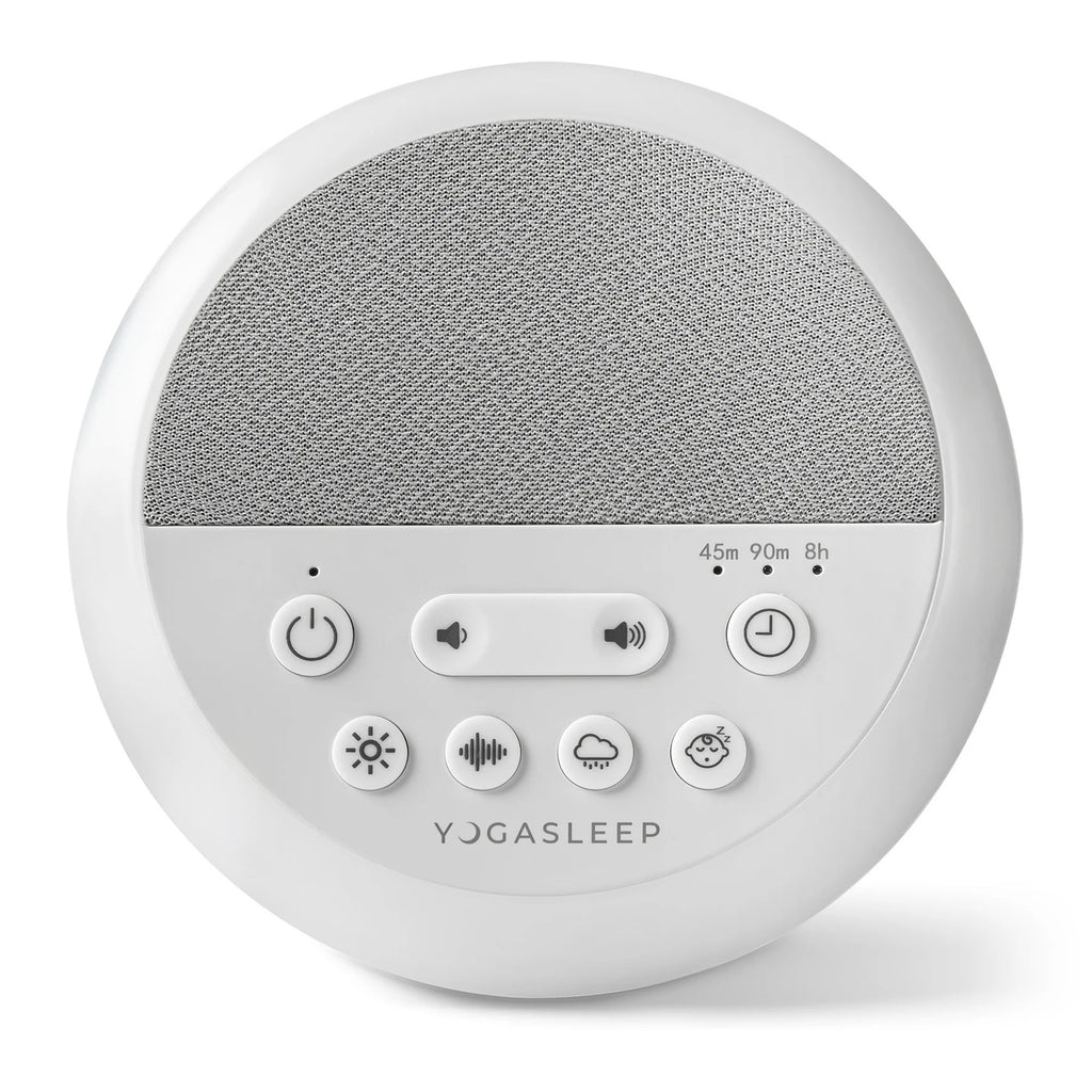 White circular device with control buttons and text on a white background