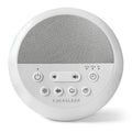 White circular device with control buttons and text on a white background
