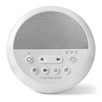 White circular device with control buttons and text on a white background