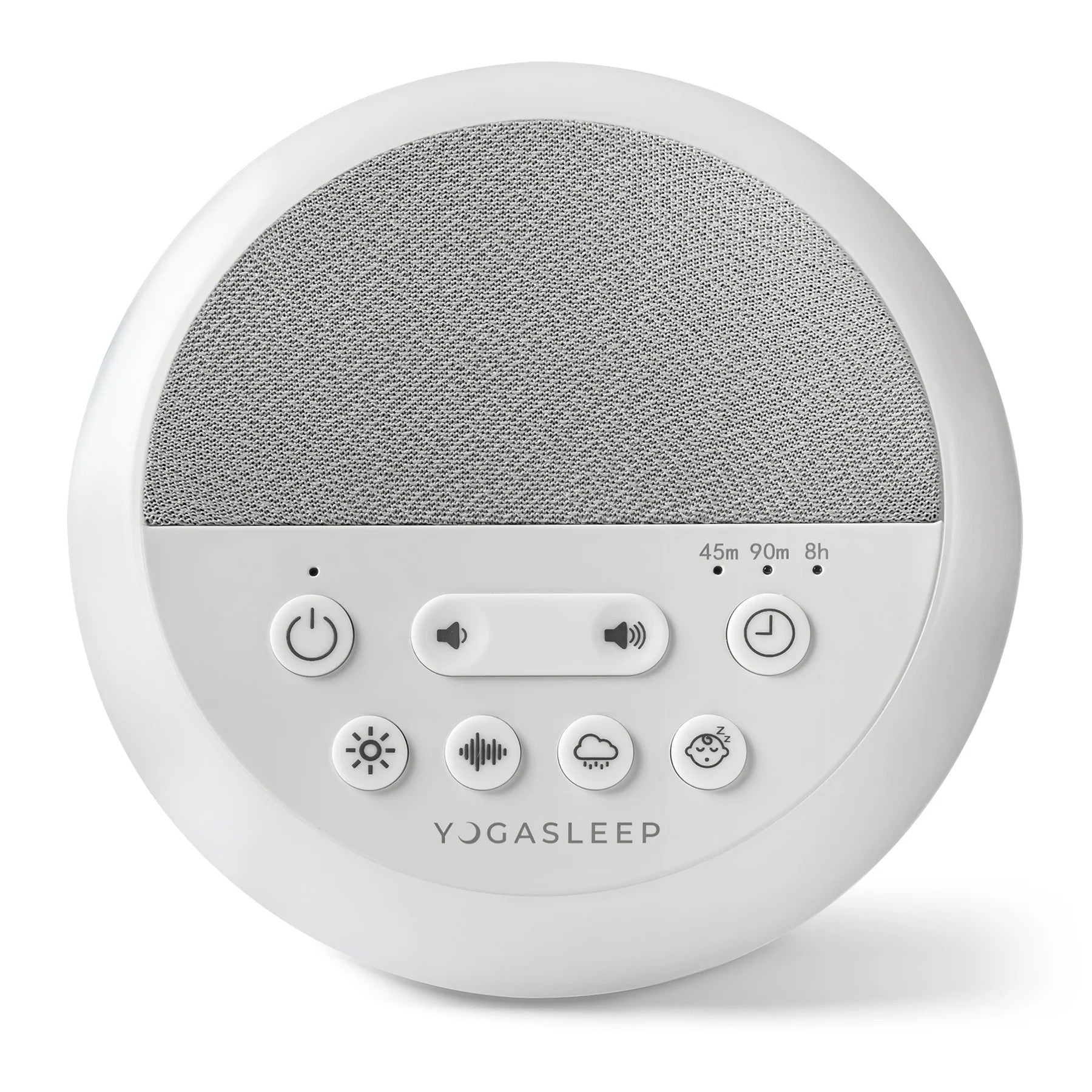 White circular device with control buttons and text on a white background