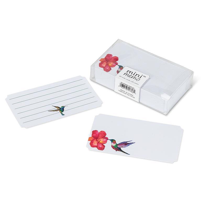 Set of small white cards with floral and hummingbird designs on a white background