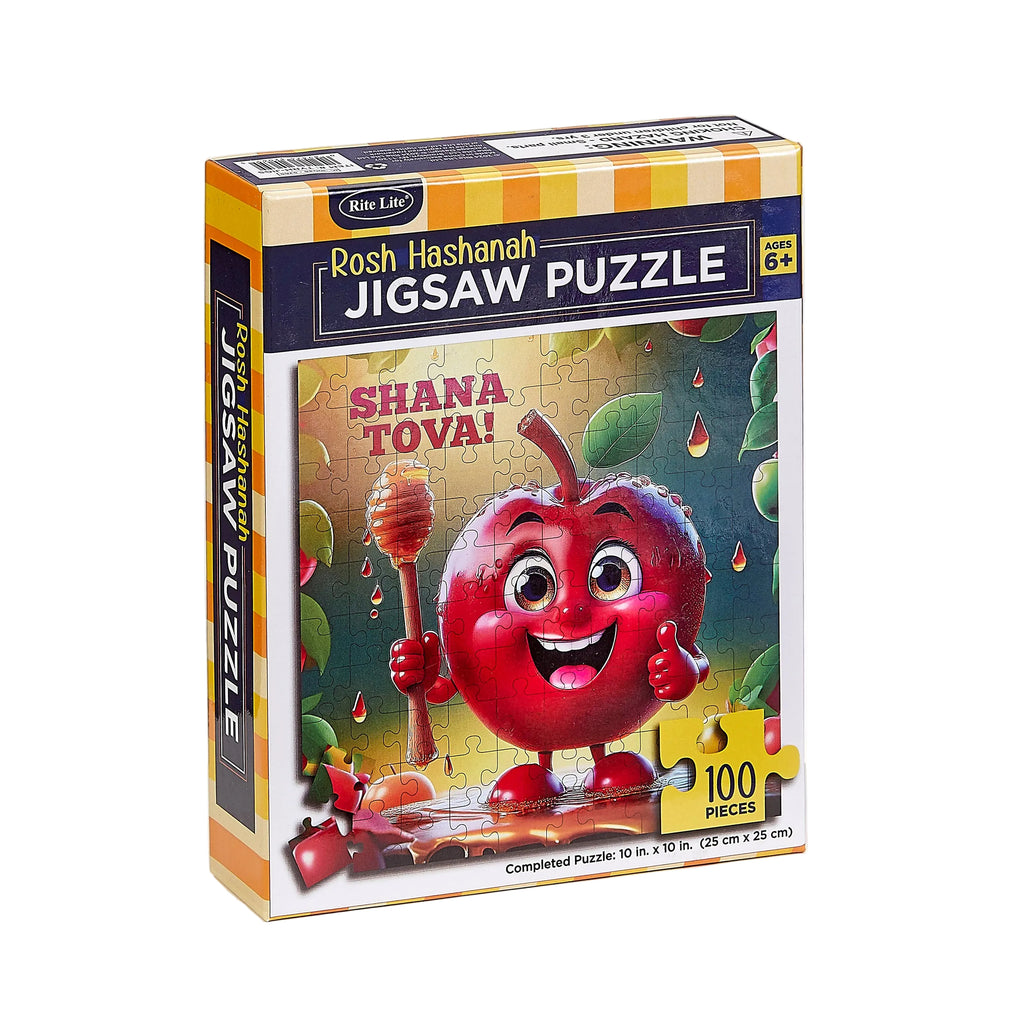 Rosh Hashanah themed jigsaw puzzle box with a cartoon apple character on a white background