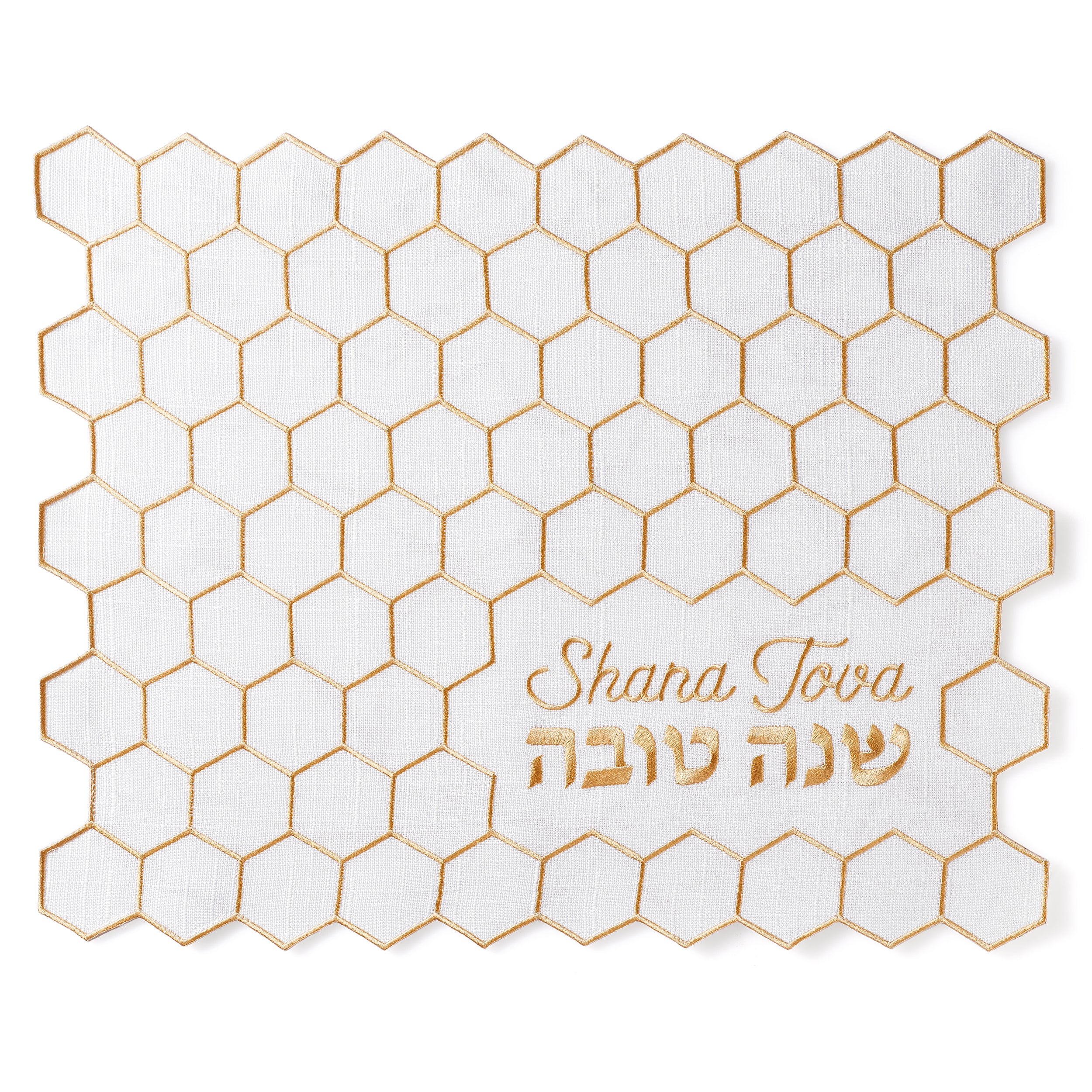 White placemat with gold hexagonal pattern and 'Shana Tova' text on a white background