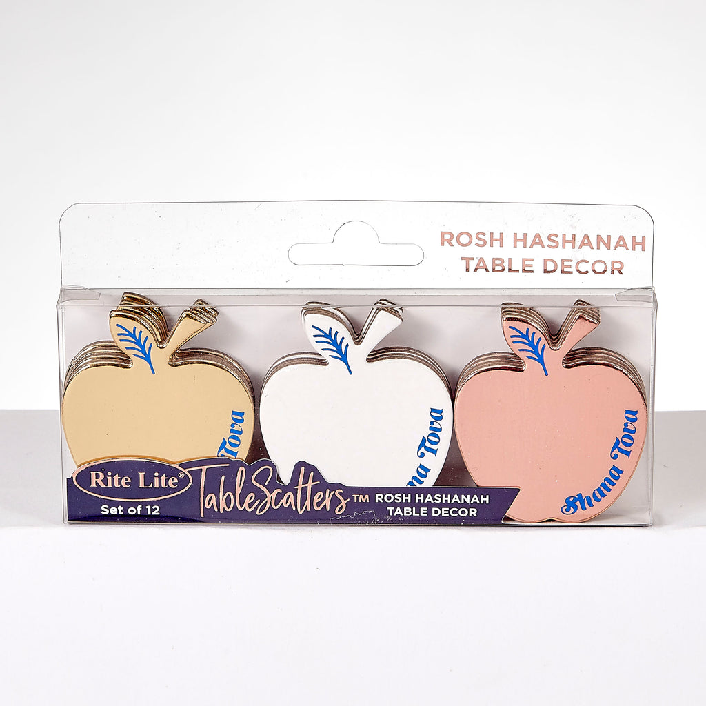 Rite Lite Rosh Hashanah table decor set of 12, featuring apple-shaped table scatters in gold, white, and rose gold with blue leaf accents, in a clear plastic blister pack.