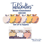 TableScatters Rosh Hashanah apple table decor set of 12, shown in multiple colors (white, gold, orange, peach) with the Rite Lite brand packaging visible below on a white background.