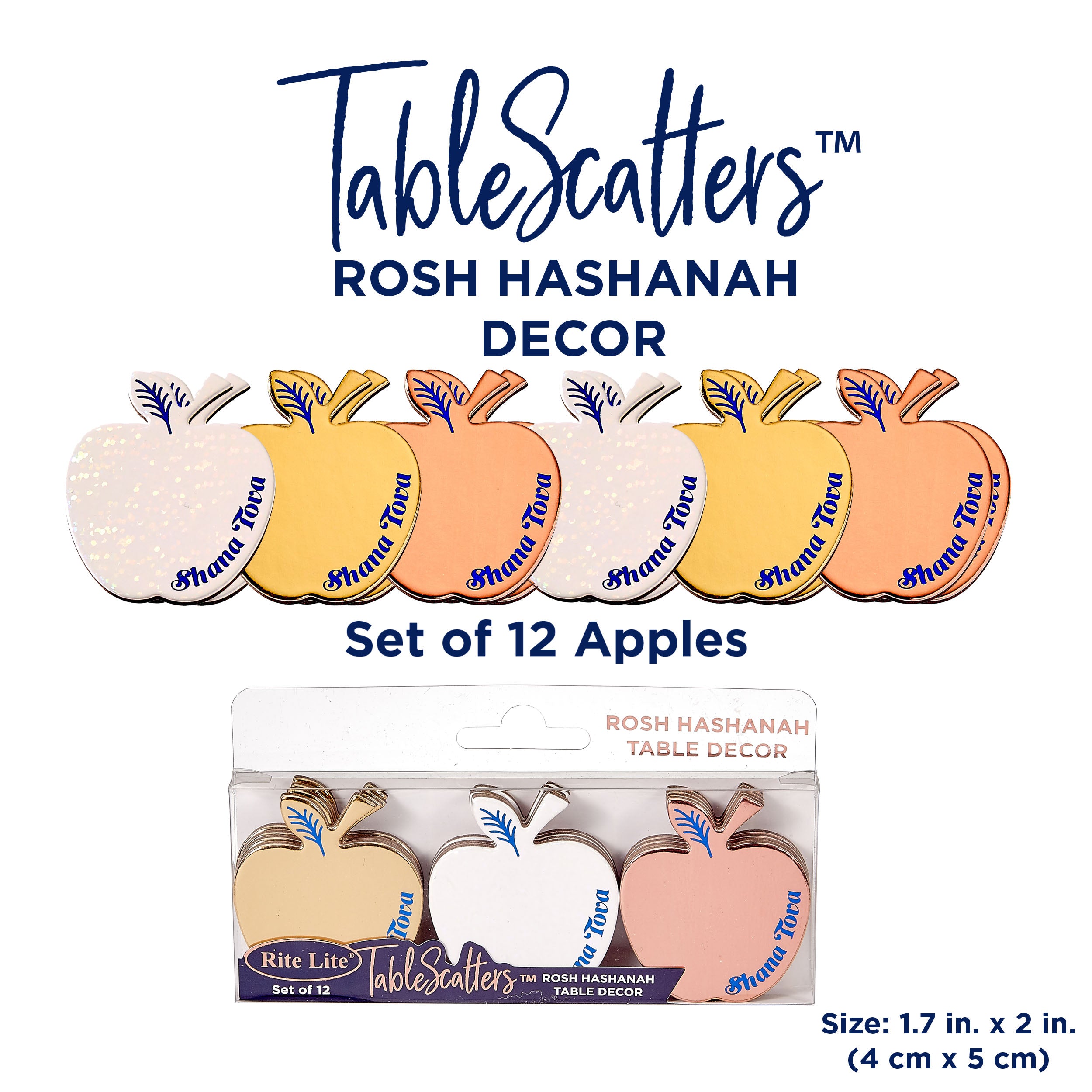 TableScatters Rosh Hashanah apple table decor set of 12, shown in multiple colors (white, gold, orange, peach) with the Rite Lite brand packaging visible below on a white background.