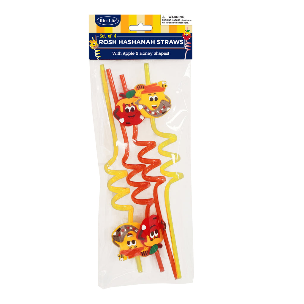 Packaged Rosh Hashanah straws, featuring red and yellow wavy straws with apple and honey character toppers inside a clear plastic bag.