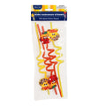Packaged Rosh Hashanah straws, featuring red and yellow wavy straws with apple and honey character toppers inside a clear plastic bag.