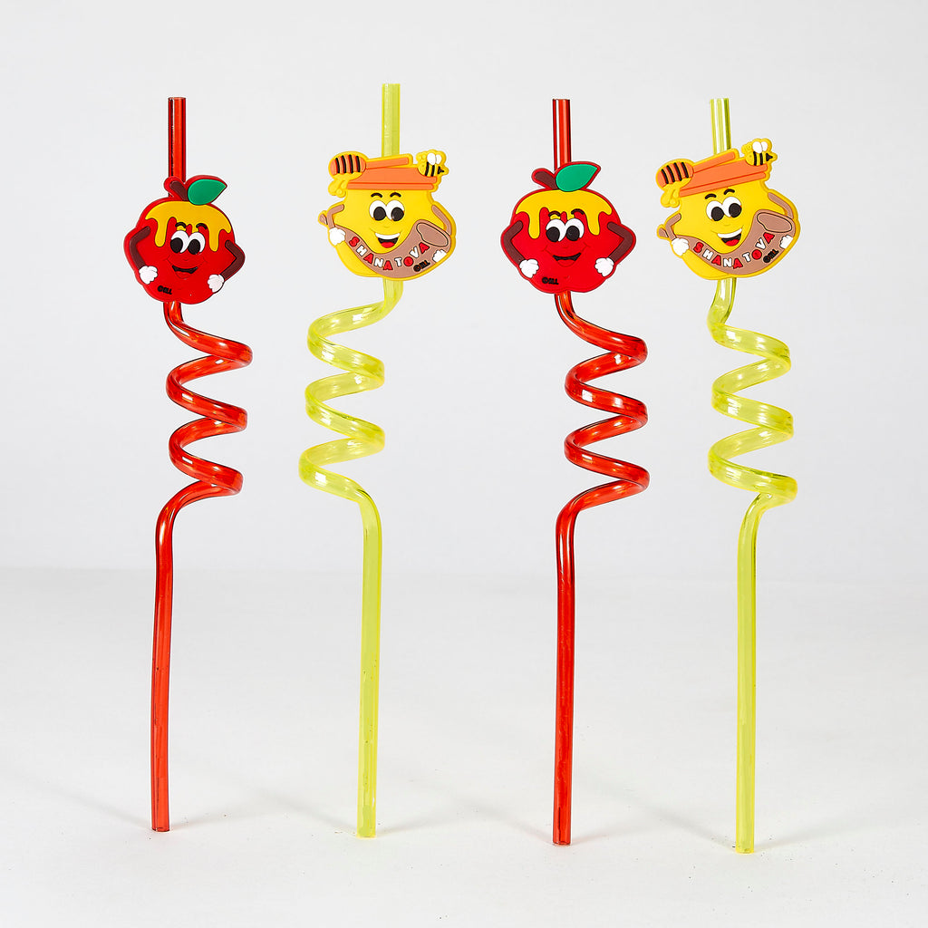 Four novelty spiral straws with cartoon fruit and honey character decorations on a white background.