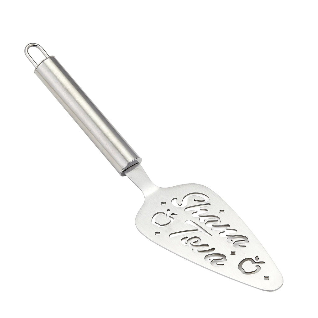 A stainless steel cake server with a cylindrical handle and a flat, wide serving blade. The blade features custom laser-cut cursive text reading 'Shana Tova' with decorative dots and a small apple motif, set against a clean white background.