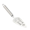 A stainless steel cake server with a cylindrical handle and a flat, wide serving blade. The blade features custom laser-cut cursive text reading 'Shana Tova' with decorative dots and a small apple motif, set against a clean white background.
