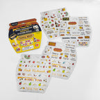 A boxed sticker book for Shana Tova / Rosh Hashanah displayed with several decorated sticker sheets on a clean white background. The packaging is yellow, navy, and brown, and the sheets are white with colorful holiday illustrations and Hebrew text.