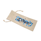 A beige canvas drawstring pouch featuring the text 'Je Chaim!' in black script over a light blue background with small black star accents, shown on a plain white background.