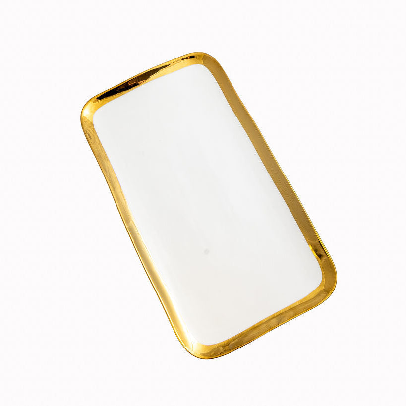 A rectangular white tray with a hammered gold metallic border, shown at an angle on a plain white background.