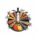 A gourmet gift basket arranged on a black round tray, featuring a bottle of wine, assorted nuts, dried fruits, candy and small wrapped treats.