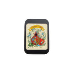 A small rectangular product centered on a plain white background. The item appears to be a black-bordered card, sticker, or label featuring a vintage-style illustration with a red hat, blue floral details, and yellow text at the top.