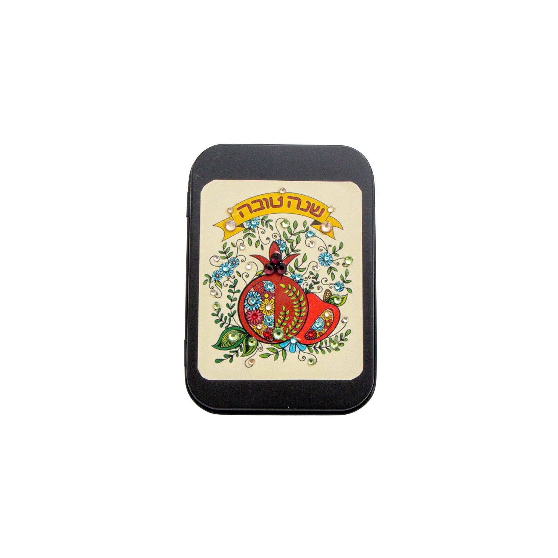 A small rectangular product centered on a plain white background. The item appears to be a black-bordered card, sticker, or label featuring a vintage-style illustration with a red hat, blue floral details, and yellow text at the top.