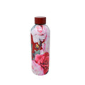 Floral-patterned water bottle with a red cap on a white background