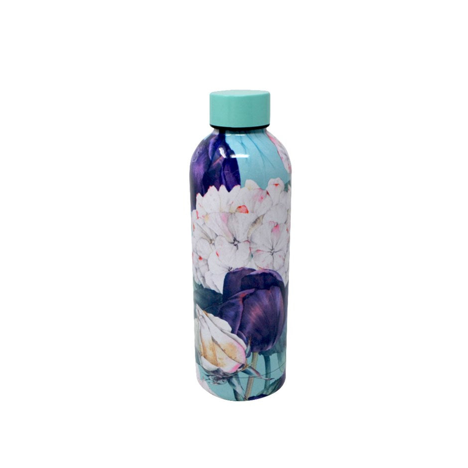 Floral-patterned water bottle with a light blue cap on a white background